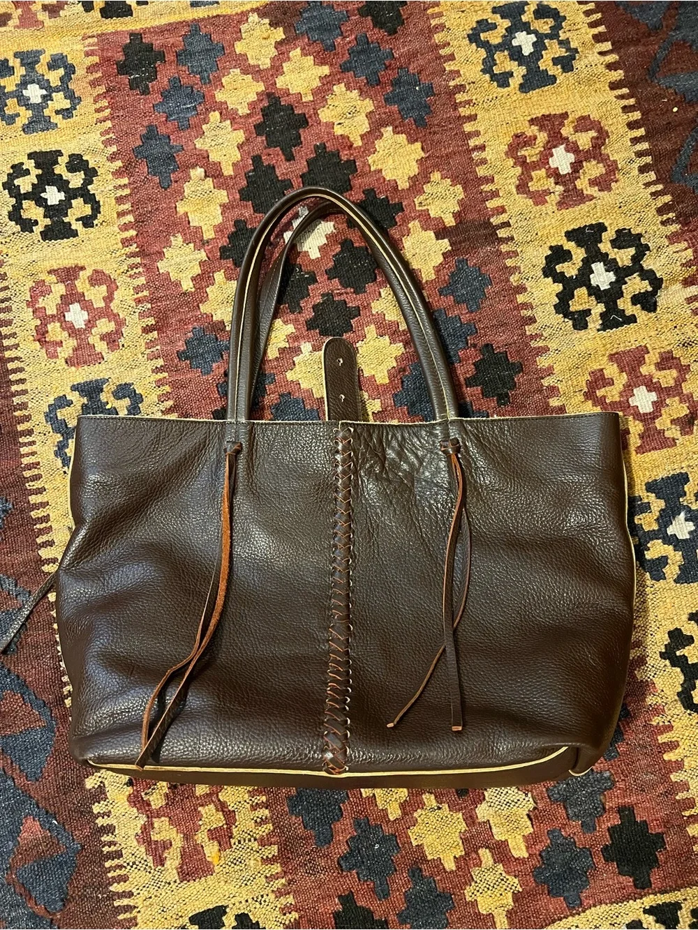Women's Dark Brown Leather Tote Bag with Braided Center Detail